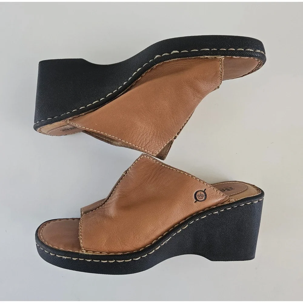 Born Wedge Heel Sandal Women's 7 Brown Leather Slip-On Platforms Boho